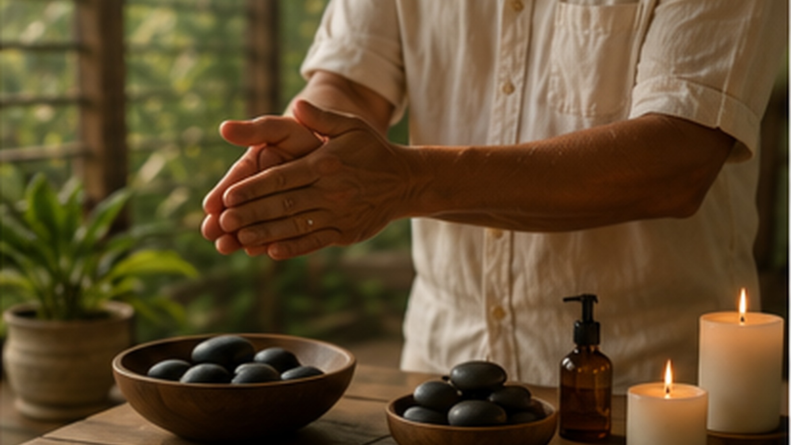 Therapist hands preparing for massage work